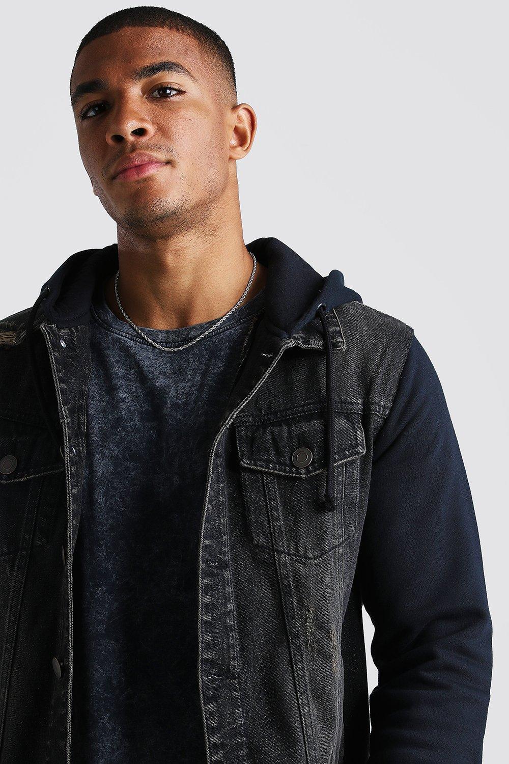 Distressed Denim Jacket With Jersey Hood boohoo DK